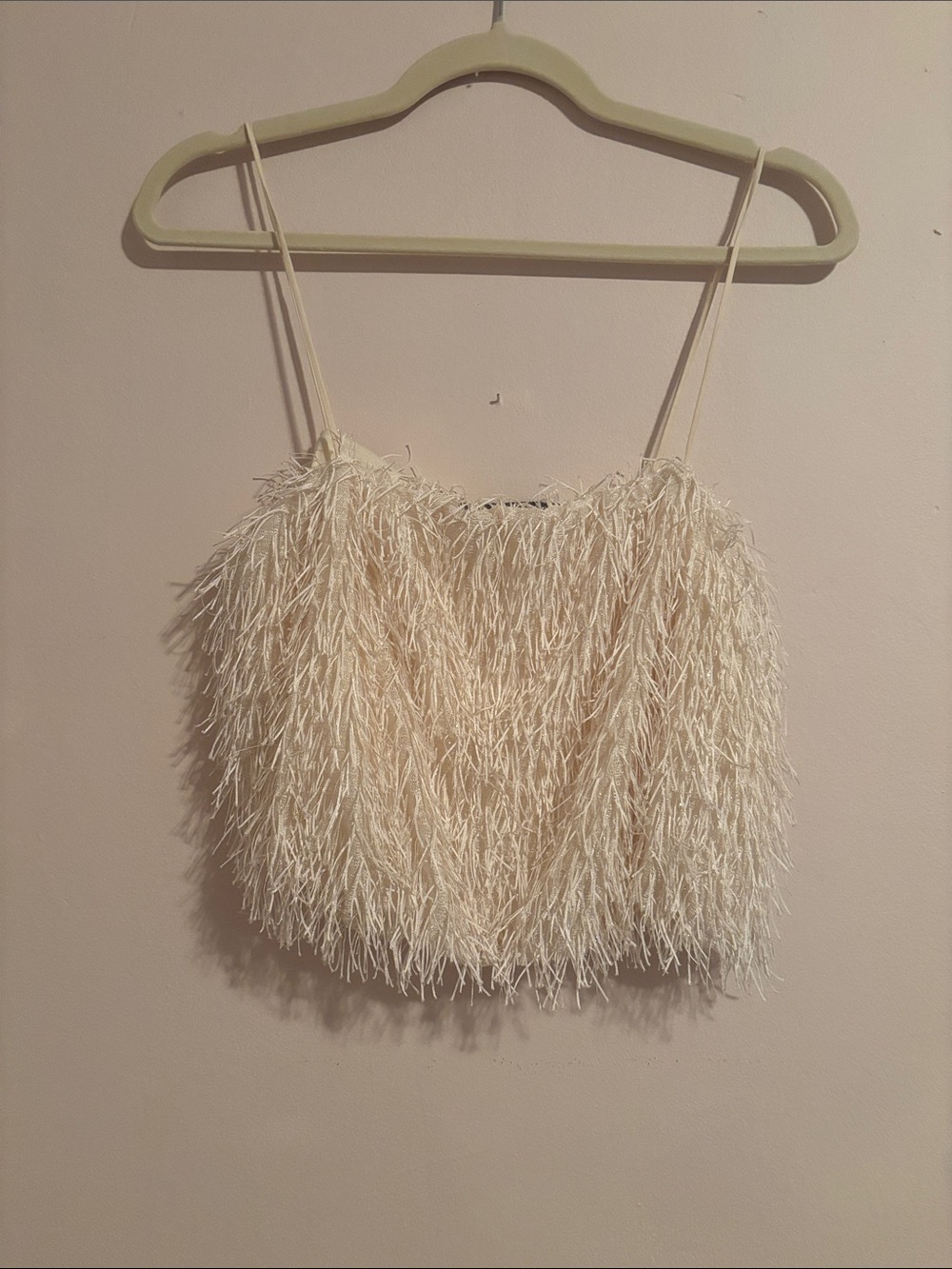 Sunday in Brooklyn Feather-Trim Spaghetti Strap Crop Top in Cream - Picture 1 of 1